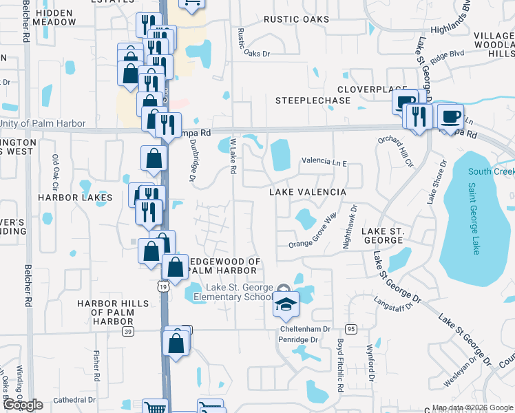 map of restaurants, bars, coffee shops, grocery stores, and more near 2785 Jeffrey Drive in Palm Harbor