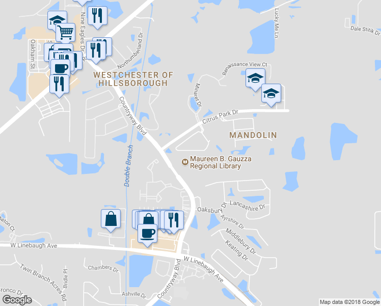 map of restaurants, bars, coffee shops, grocery stores, and more near 11135 Windsor Place Circle in Tampa