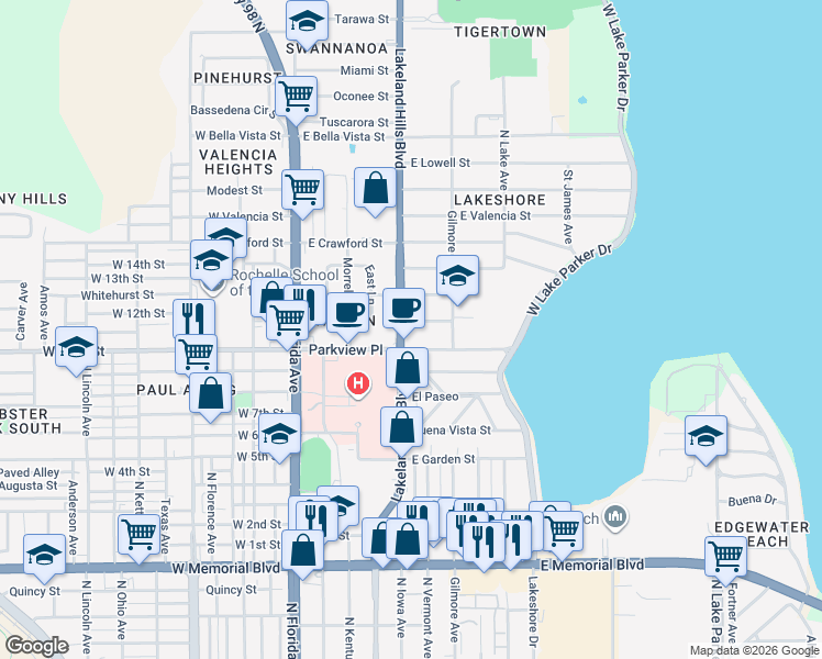 map of restaurants, bars, coffee shops, grocery stores, and more near 512 Julius T Horney Drive in Lakeland