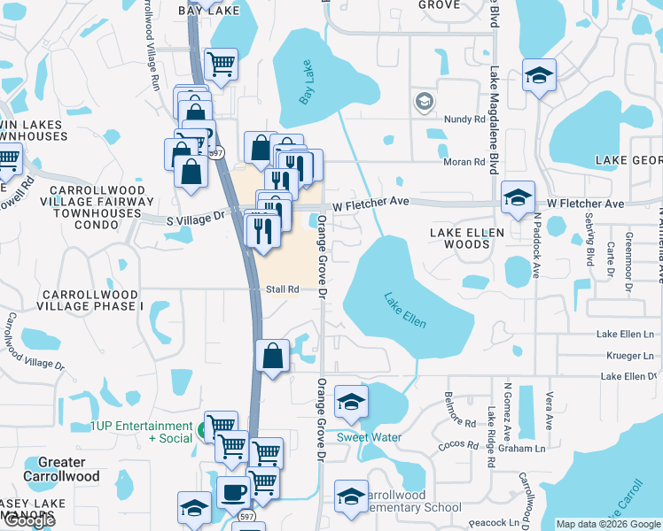 map of restaurants, bars, coffee shops, grocery stores, and more near 3511 Heards Ferry Drive in Tampa
