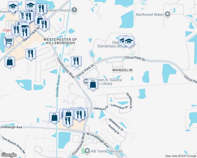 map of restaurants, bars, coffee shops, grocery stores, and more near 11077 Windsor Place Circle in Tampa