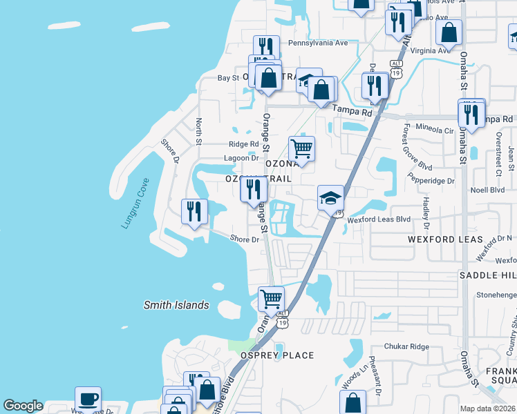 map of restaurants, bars, coffee shops, grocery stores, and more near 197 Orange Street North in Palm Harbor