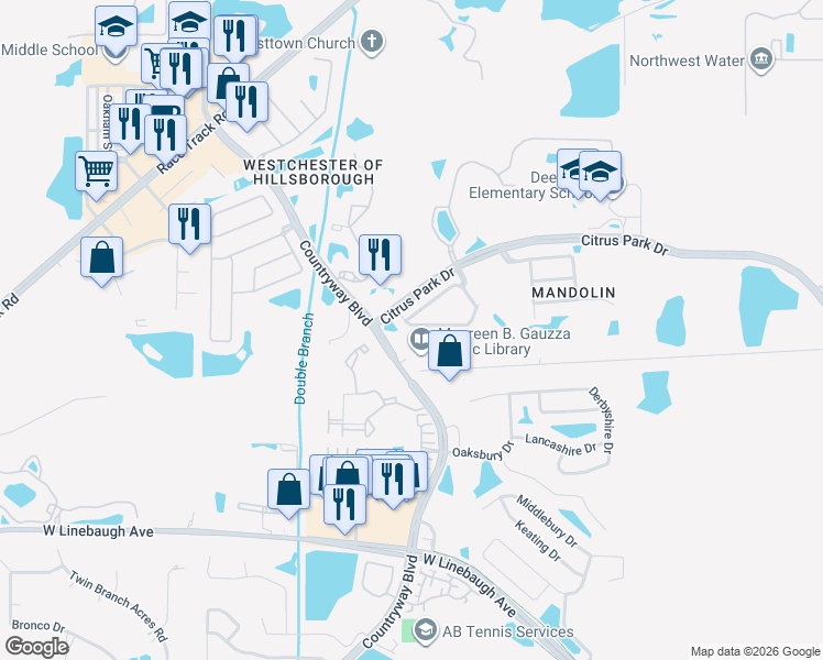 map of restaurants, bars, coffee shops, grocery stores, and more near 11154 Windsor Place Circle in Tampa