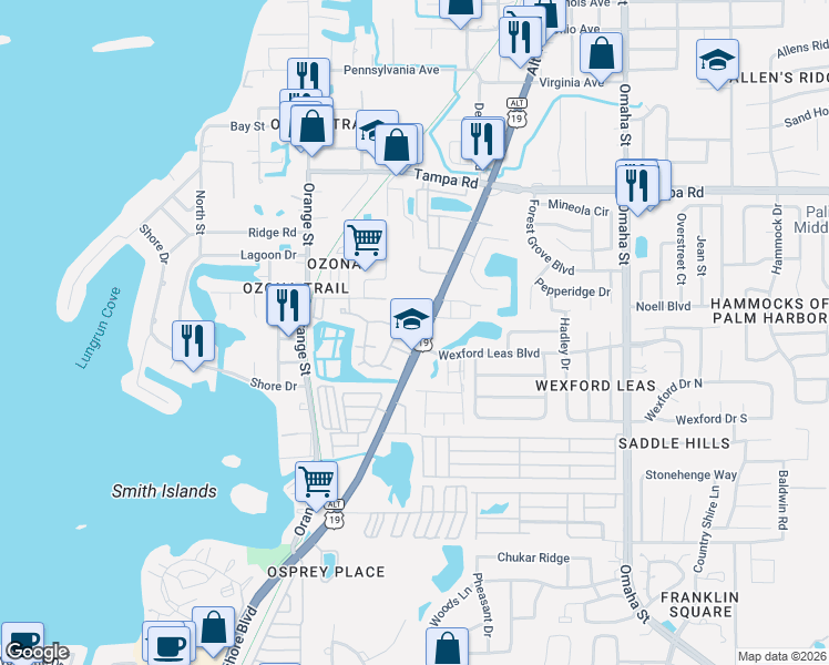 map of restaurants, bars, coffee shops, grocery stores, and more near 455 Palm Harbor Boulevard in Palm Harbor