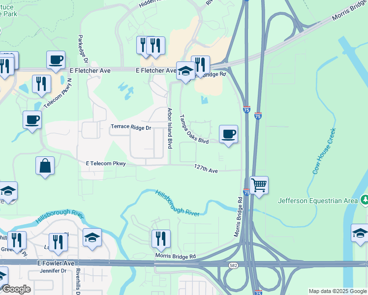 map of restaurants, bars, coffee shops, grocery stores, and more near 13040 Tampa Oaks Boulevard in Temple Terrace
