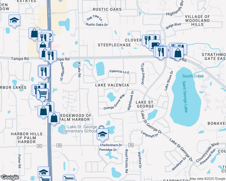 map of restaurants, bars, coffee shops, grocery stores, and more near 2900 Lake Valencia Boulevard East in Palm Harbor