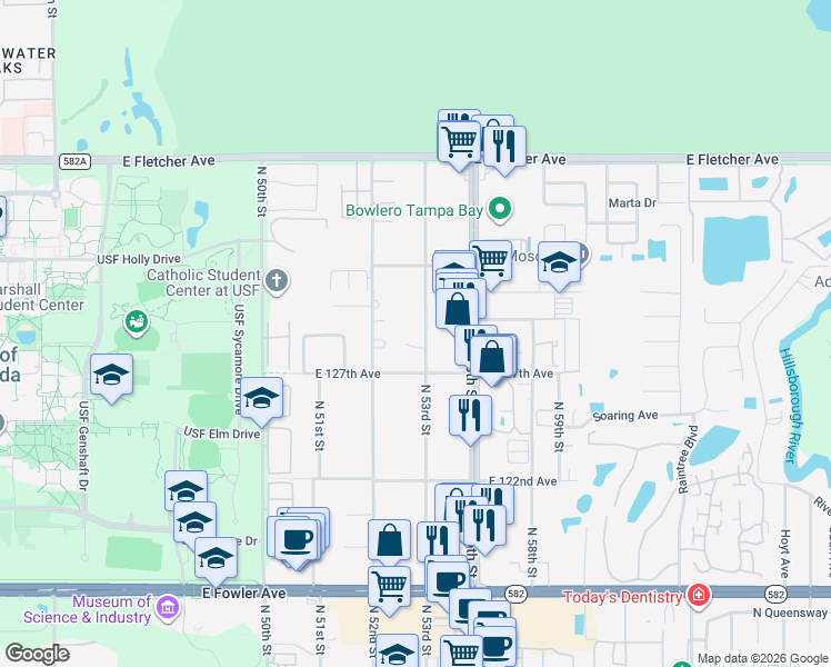 map of restaurants, bars, coffee shops, grocery stores, and more near 12902 North 53rd Street in Tampa