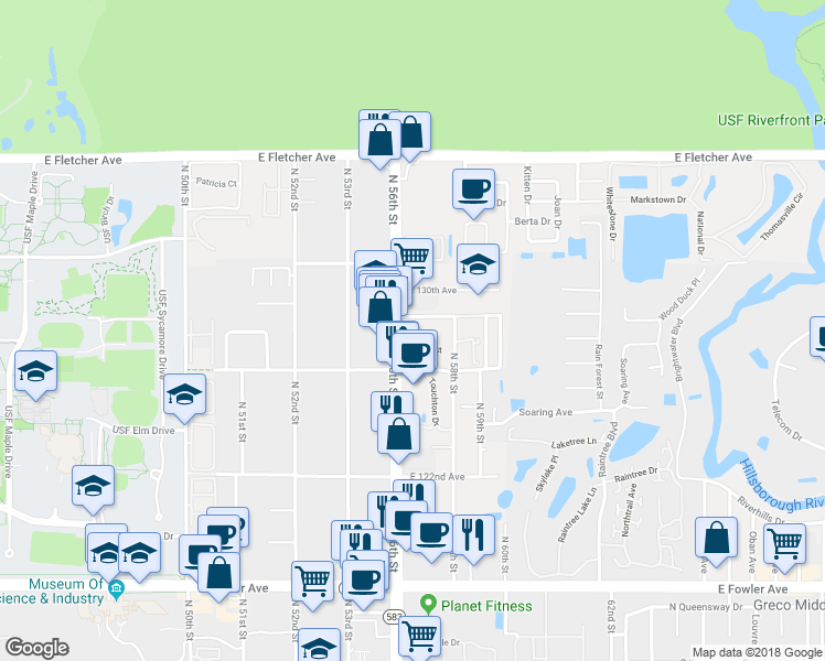map of restaurants, bars, coffee shops, grocery stores, and more near 12811 North 56th Street in Tampa