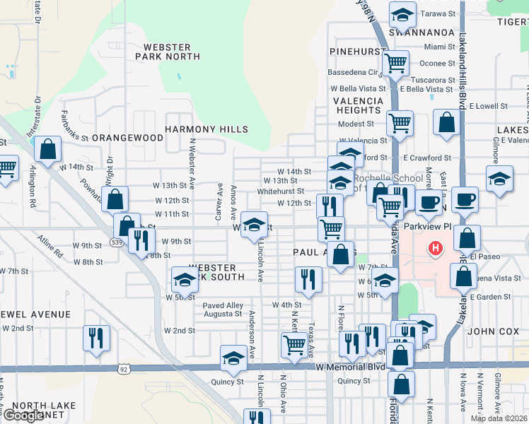 map of restaurants, bars, coffee shops, grocery stores, and more near in Lakeland