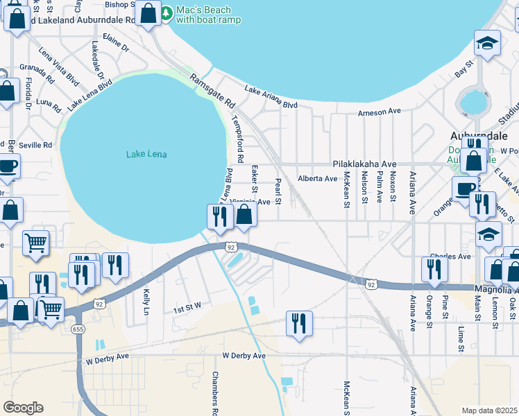 map of restaurants, bars, coffee shops, grocery stores, and more near 222 Eaker Street in Auburndale