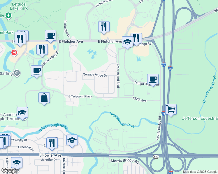 map of restaurants, bars, coffee shops, grocery stores, and more near 13013 Terrace Brook Place in Tampa