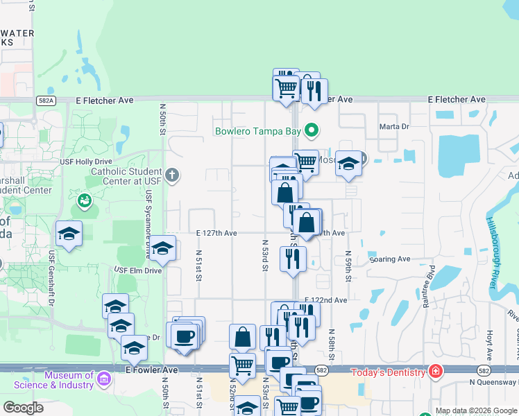 map of restaurants, bars, coffee shops, grocery stores, and more near 12902 North 53rd Street in Tampa