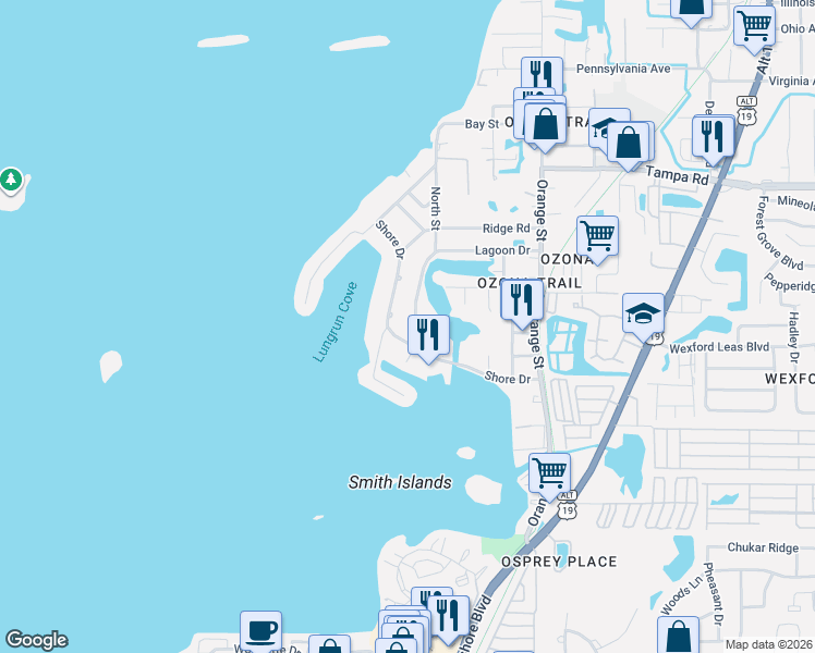 map of restaurants, bars, coffee shops, grocery stores, and more near 200 Shore Drive in Palm Harbor