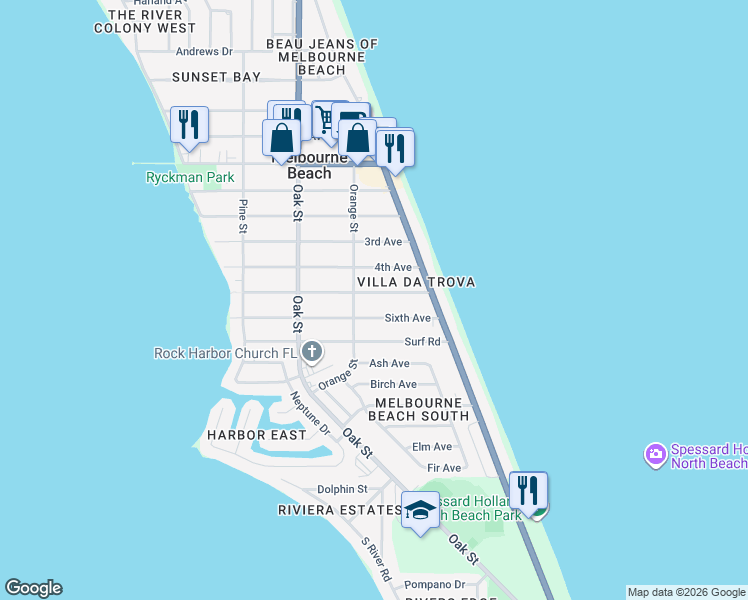 map of restaurants, bars, coffee shops, grocery stores, and more near 221 5th Avenue in Melbourne Beach