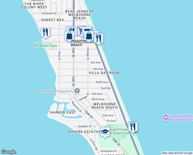 map of restaurants, bars, coffee shops, grocery stores, and more near 217 5th Avenue in Melbourne Beach
