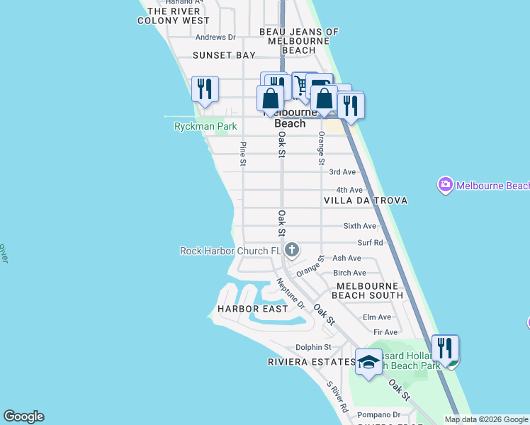 map of restaurants, bars, coffee shops, grocery stores, and more near 411 5th Avenue in Melbourne Beach