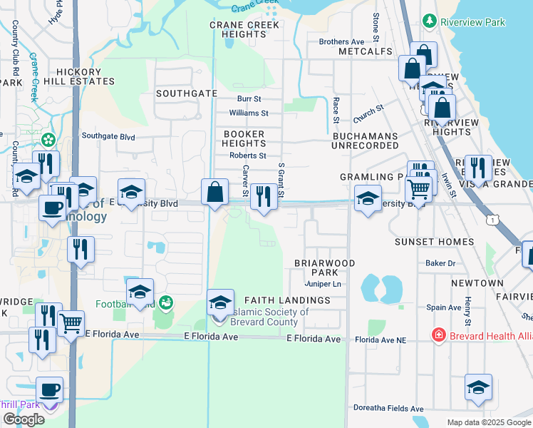 map of restaurants, bars, coffee shops, grocery stores, and more near 665 East University Boulevard in Melbourne