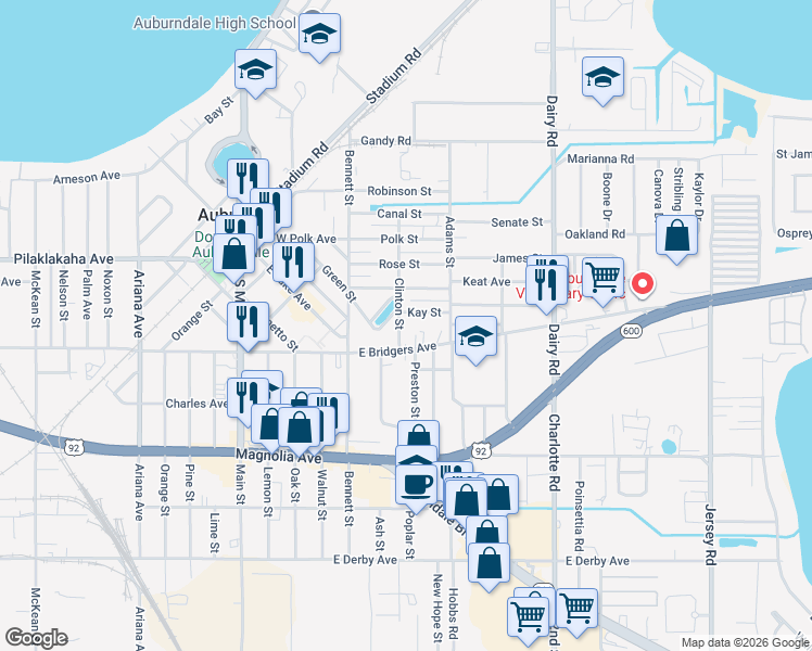 map of restaurants, bars, coffee shops, grocery stores, and more near 210 Kay Street in Auburndale