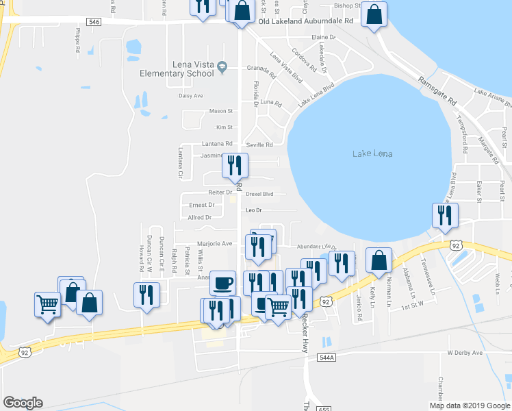 map of restaurants, bars, coffee shops, grocery stores, and more near 2222 Leo Drive in Auburndale