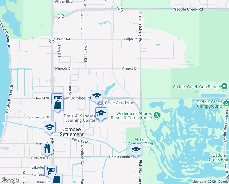 map of restaurants, bars, coffee shops, grocery stores, and more near 1439 Ridge Lake Court in Lakeland