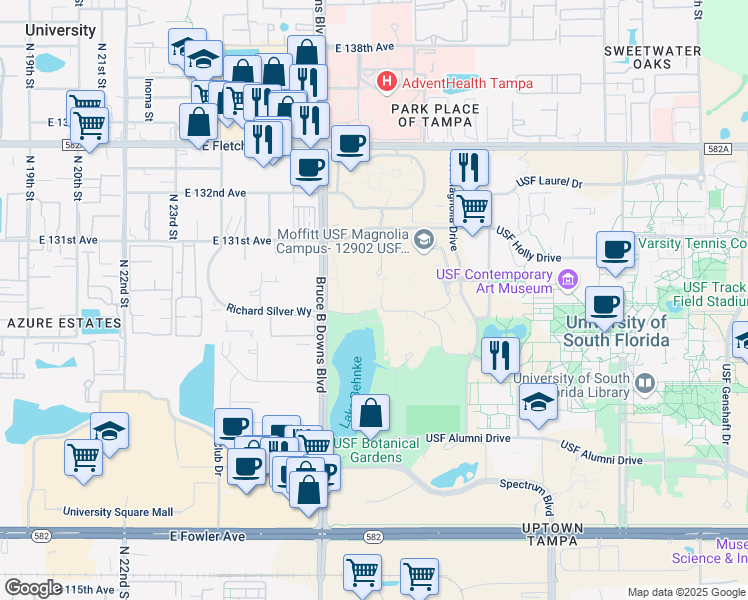 map of restaurants, bars, coffee shops, grocery stores, and more near 12901 Bruce B Downs Boulevard in Tampa
