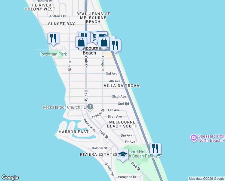 map of restaurants, bars, coffee shops, grocery stores, and more near 221 5th Avenue in Melbourne Beach
