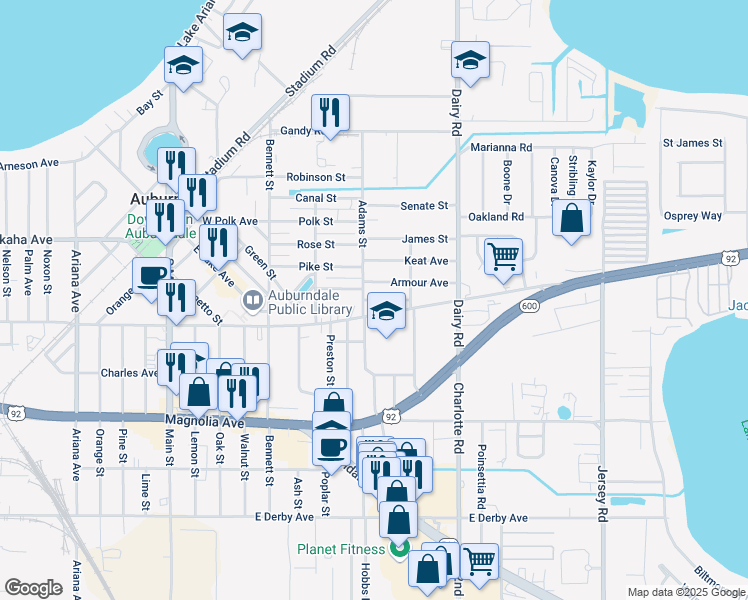 map of restaurants, bars, coffee shops, grocery stores, and more near 303 Camellia Lane in Auburndale