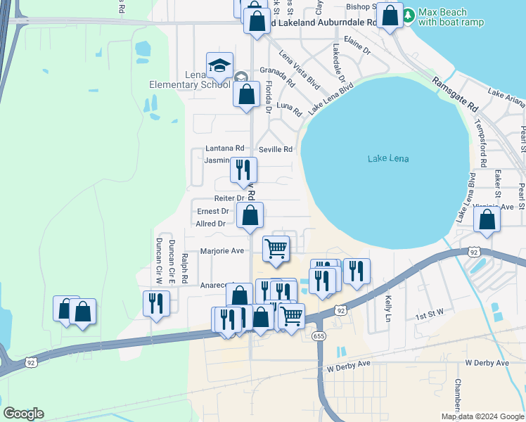map of restaurants, bars, coffee shops, grocery stores, and more near 534 Berkley Road in Auburndale