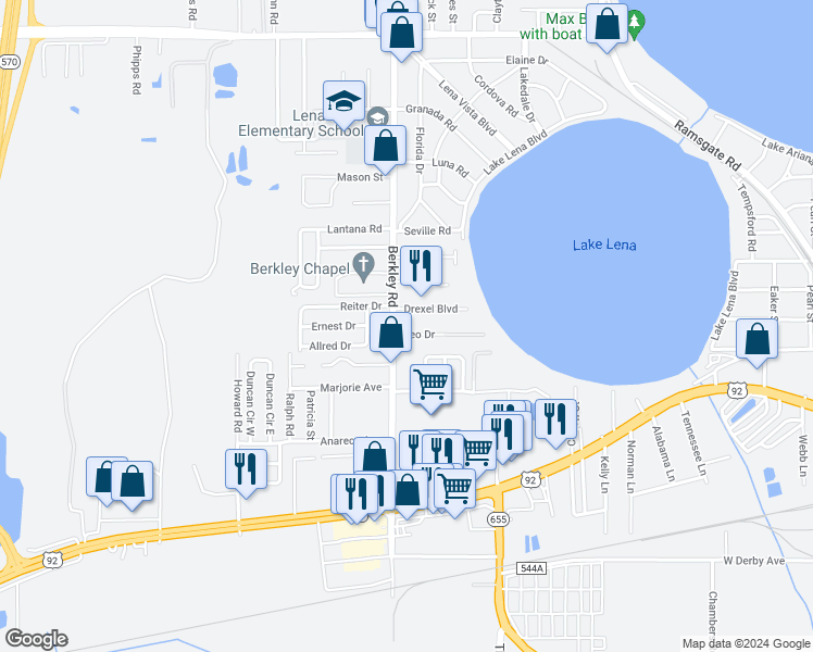 map of restaurants, bars, coffee shops, grocery stores, and more near 534 Berkley Road in Auburndale
