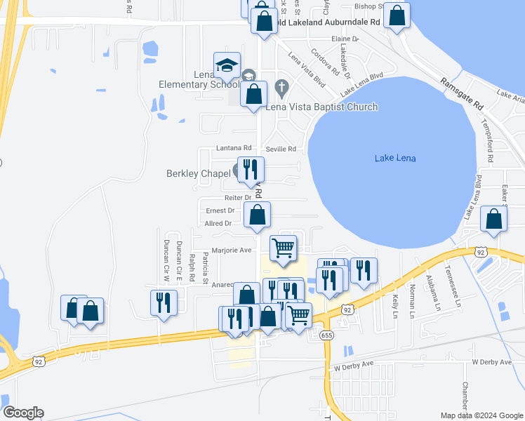 map of restaurants, bars, coffee shops, grocery stores, and more near 534 Berkley Road in Auburndale