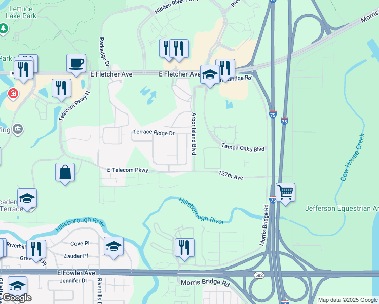map of restaurants, bars, coffee shops, grocery stores, and more near 13039 Terrace Springs Drive in Temple Terrace