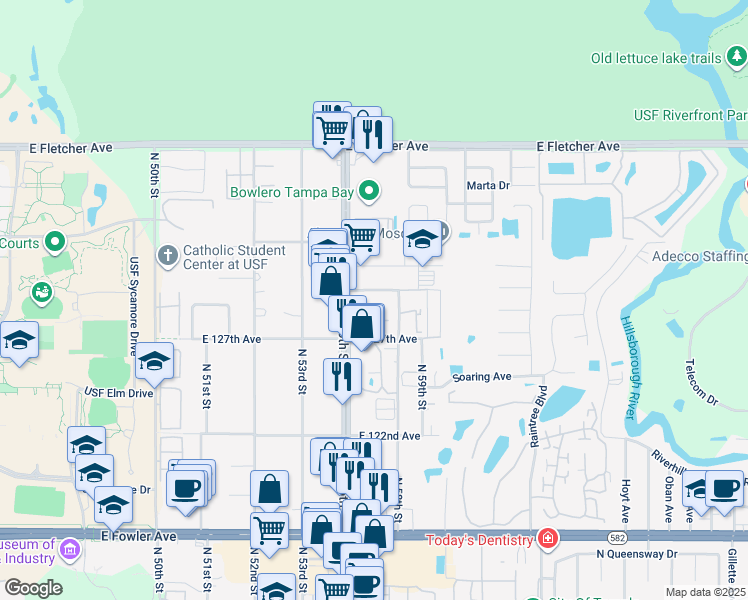 map of restaurants, bars, coffee shops, grocery stores, and more near 5621 Gibson Avenue in Tampa