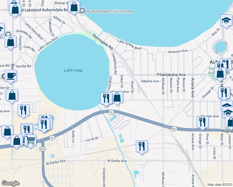 map of restaurants, bars, coffee shops, grocery stores, and more near 222 Eaker Street in Auburndale