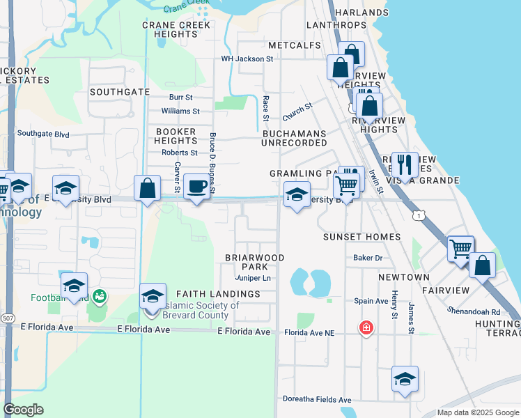 map of restaurants, bars, coffee shops, grocery stores, and more near 827 East University Boulevard in Melbourne