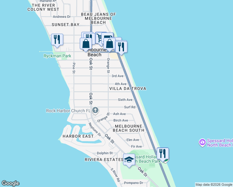 map of restaurants, bars, coffee shops, grocery stores, and more near 221 5th Avenue in Melbourne Beach
