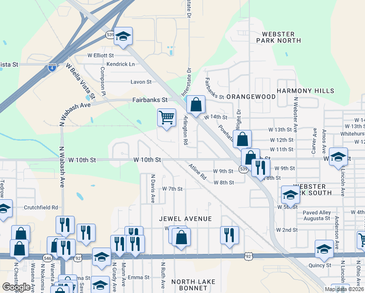 map of restaurants, bars, coffee shops, grocery stores, and more near 1424 Arlington Road in Lakeland