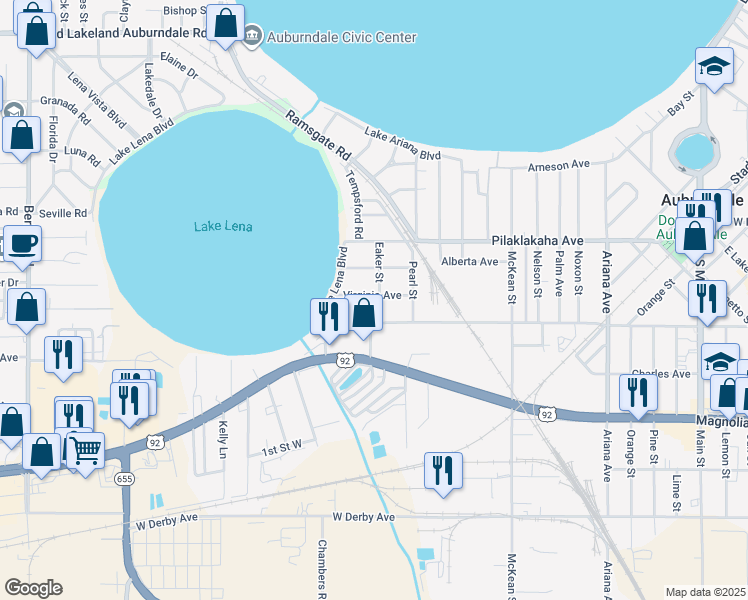 map of restaurants, bars, coffee shops, grocery stores, and more near 222 Eaker Street in Auburndale