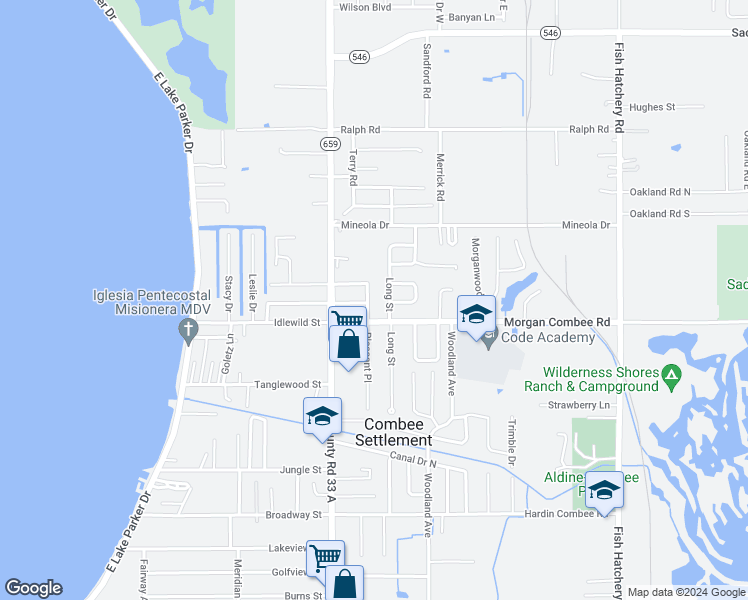 map of restaurants, bars, coffee shops, grocery stores, and more near 1427 Pleasant Place in Lakeland