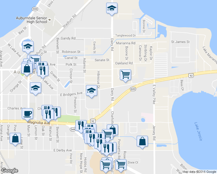 map of restaurants, bars, coffee shops, grocery stores, and more near 413 East Bridgers Avenue in Auburndale