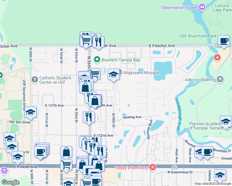 map of restaurants, bars, coffee shops, grocery stores, and more near 12823 Real Madrid Lane in Tampa