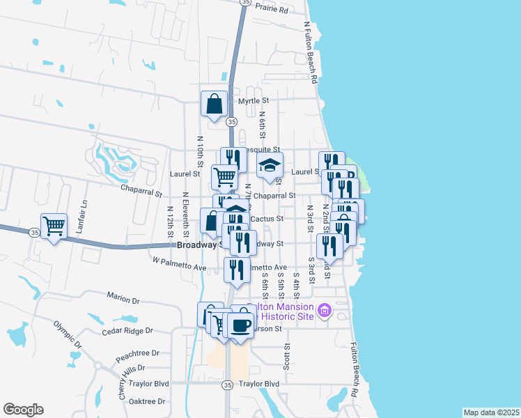 map of restaurants, bars, coffee shops, grocery stores, and more near 211 North 6th Street in Fulton