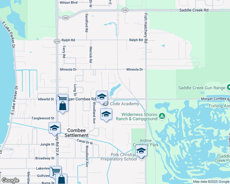 map of restaurants, bars, coffee shops, grocery stores, and more near 1424 Ridge Lake Court in Lakeland