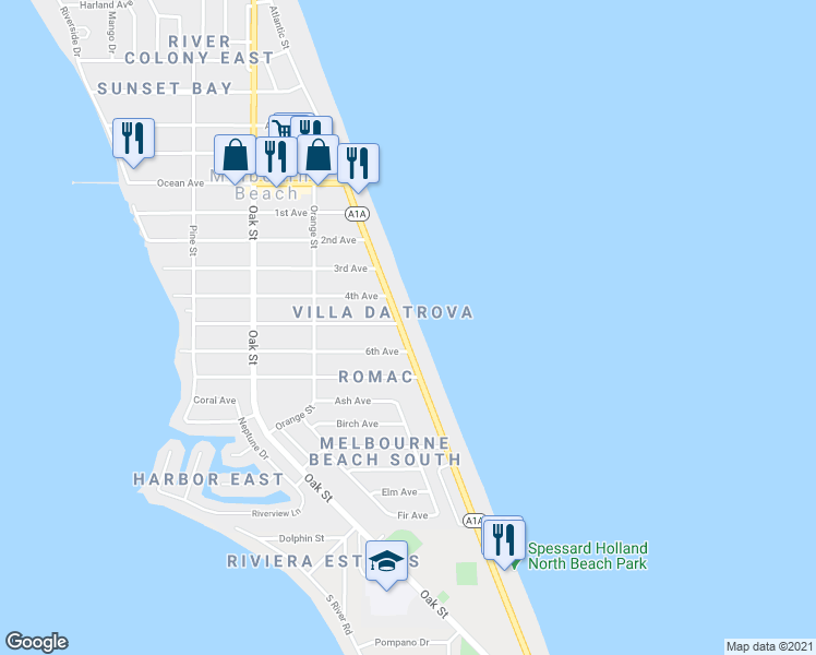 map of restaurants, bars, coffee shops, grocery stores, and more near 1501a Florida A1A in Melbourne Beach