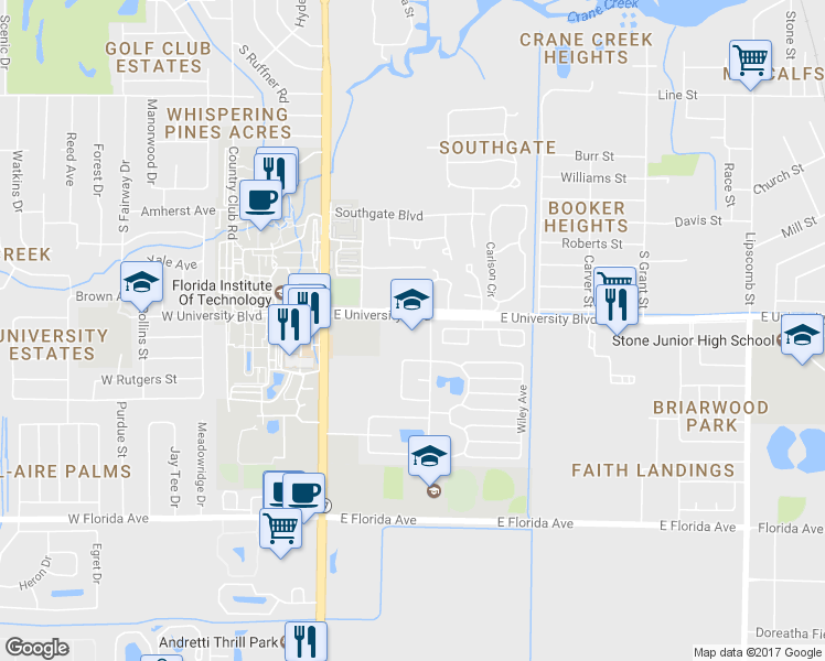 map of restaurants, bars, coffee shops, grocery stores, and more near 155 East University Boulevard in Melbourne