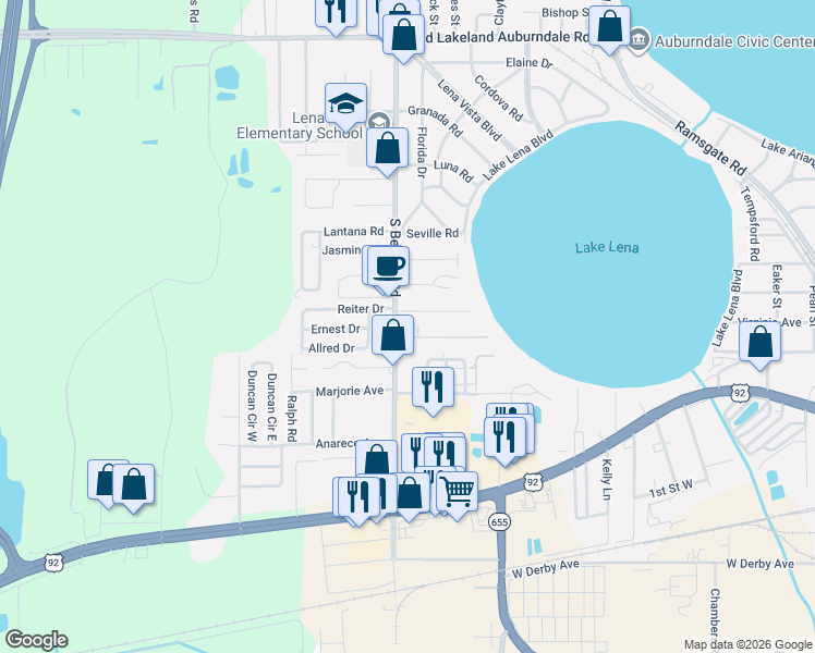 map of restaurants, bars, coffee shops, grocery stores, and more near 534 Berkley Road in Auburndale