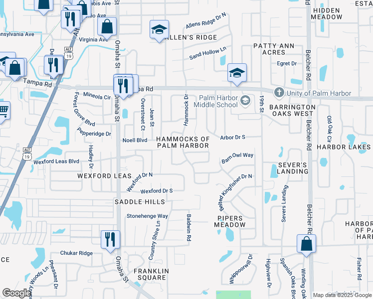 map of restaurants, bars, coffee shops, grocery stores, and more near 1591 Spottswood Circle in Palm Harbor