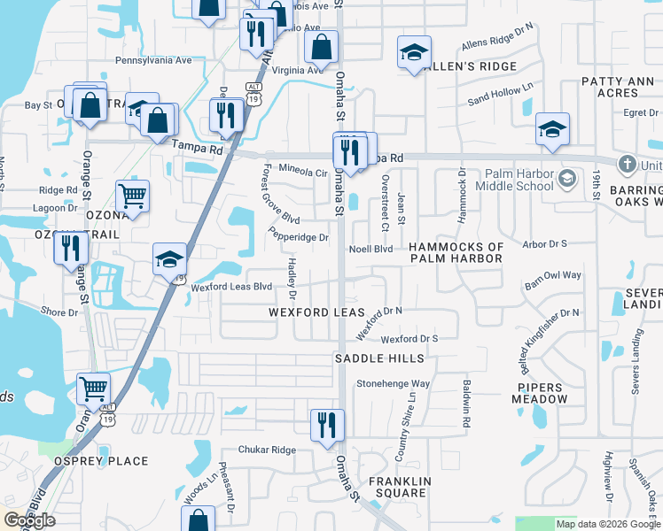 map of restaurants, bars, coffee shops, grocery stores, and more near 360 Fernshire Court in Palm Harbor