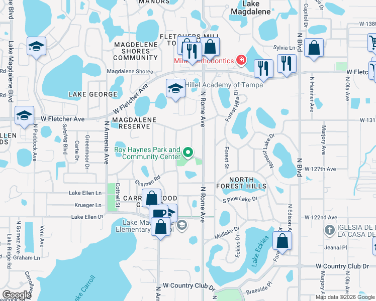 map of restaurants, bars, coffee shops, grocery stores, and more near 1905 South Village Avenue in Tampa