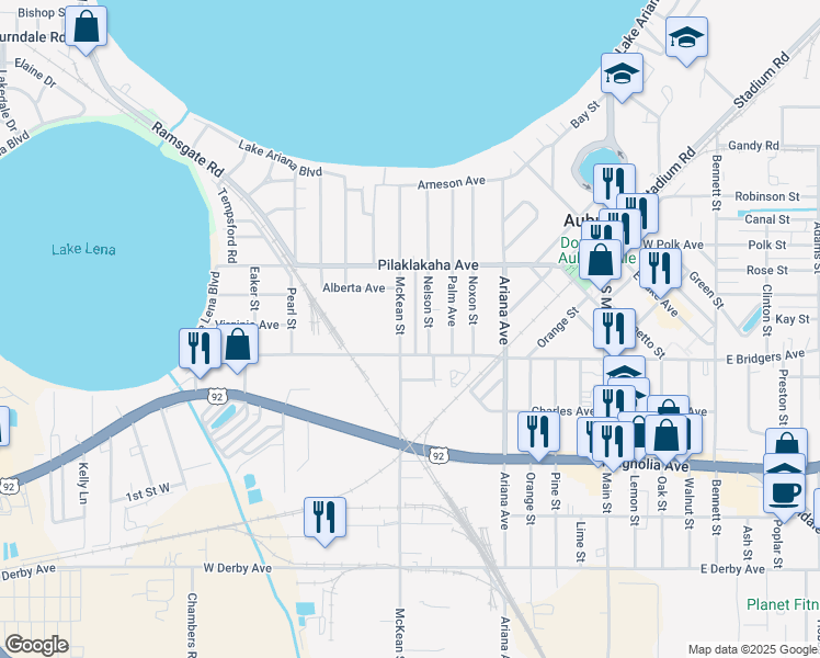 map of restaurants, bars, coffee shops, grocery stores, and more near 227 McKean Street in Auburndale