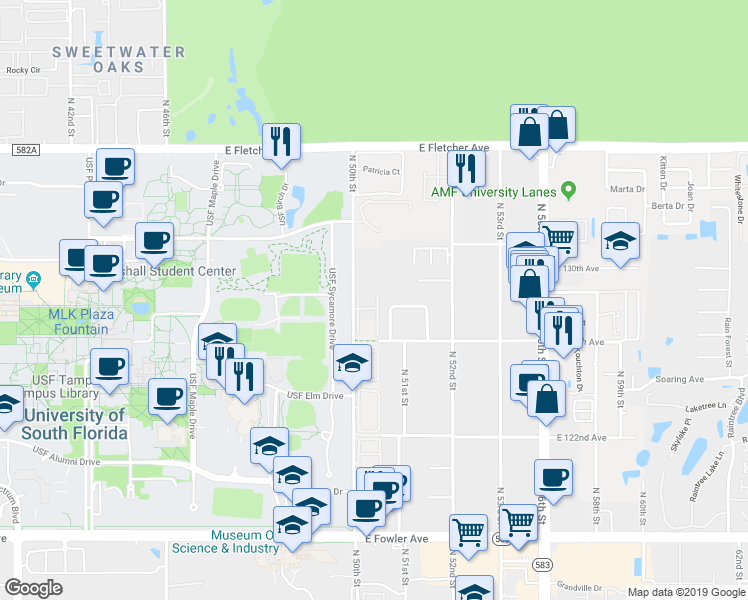 map of restaurants, bars, coffee shops, grocery stores, and more near 5024 Bordeaux Village Place in Tampa